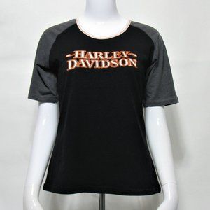 Harley Davidson Woodstock IL. Womens Embroidered Short Sleeve Black Gray T Shirt